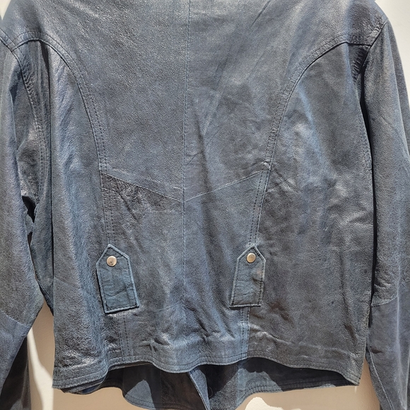 Men's Dark Blue Leather Bomber Jacket - Picture 8 of 13